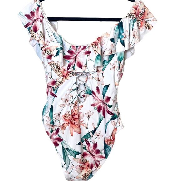 LA Blanca Womens Off Shoulder Ruffle One Piece Swimsuit - Picture 4 of 14